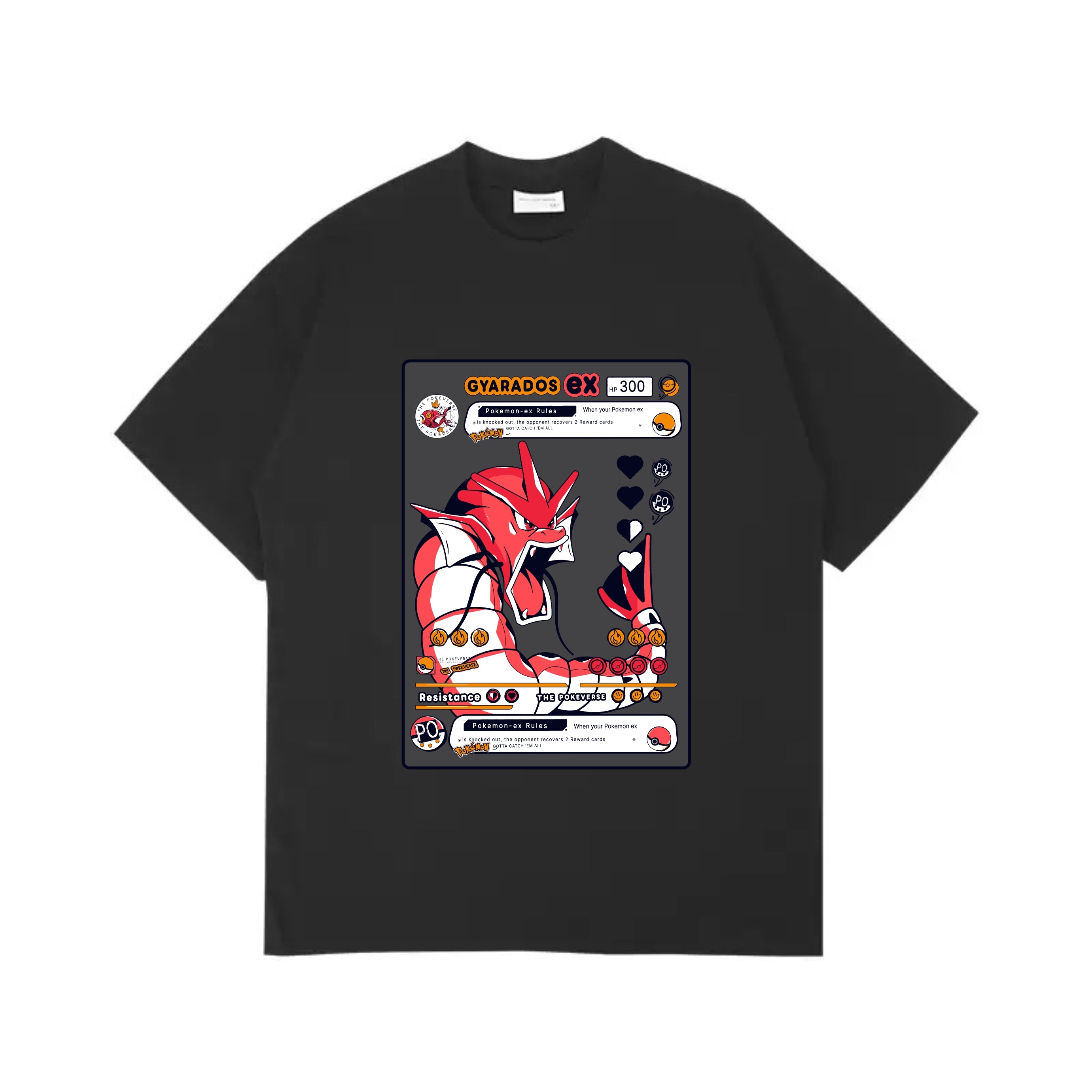 Black t-shirt with a graphic of a red and white creature on a card design, on a white background.