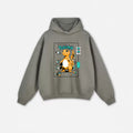 Gray hoodie with a cartoon character design on a white background