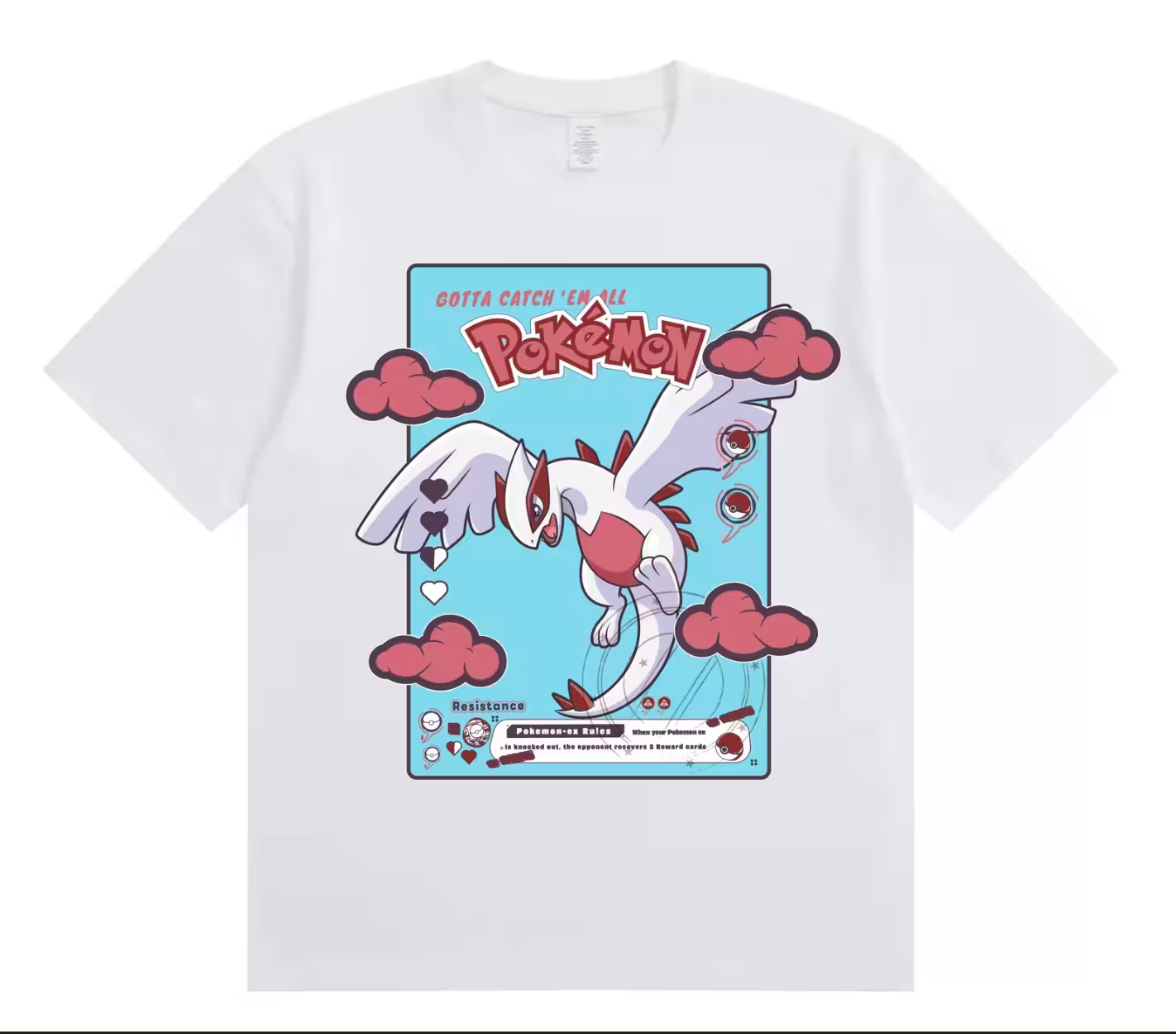 White t-shirt with a Pokémon graphic featuring a character and clouds on a blue background.