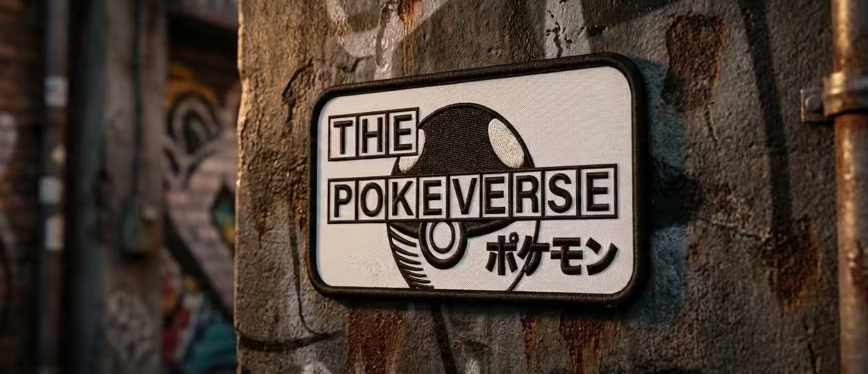 Logo of 'The Pokeverse' on a textured wall with graffiti.