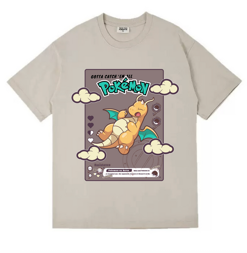 Beige t-shirt with a cartoon dragon design and 'Pokémon' text on a white background