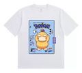 White t-shirt with a cartoon character and Pokémon graphics on a white background