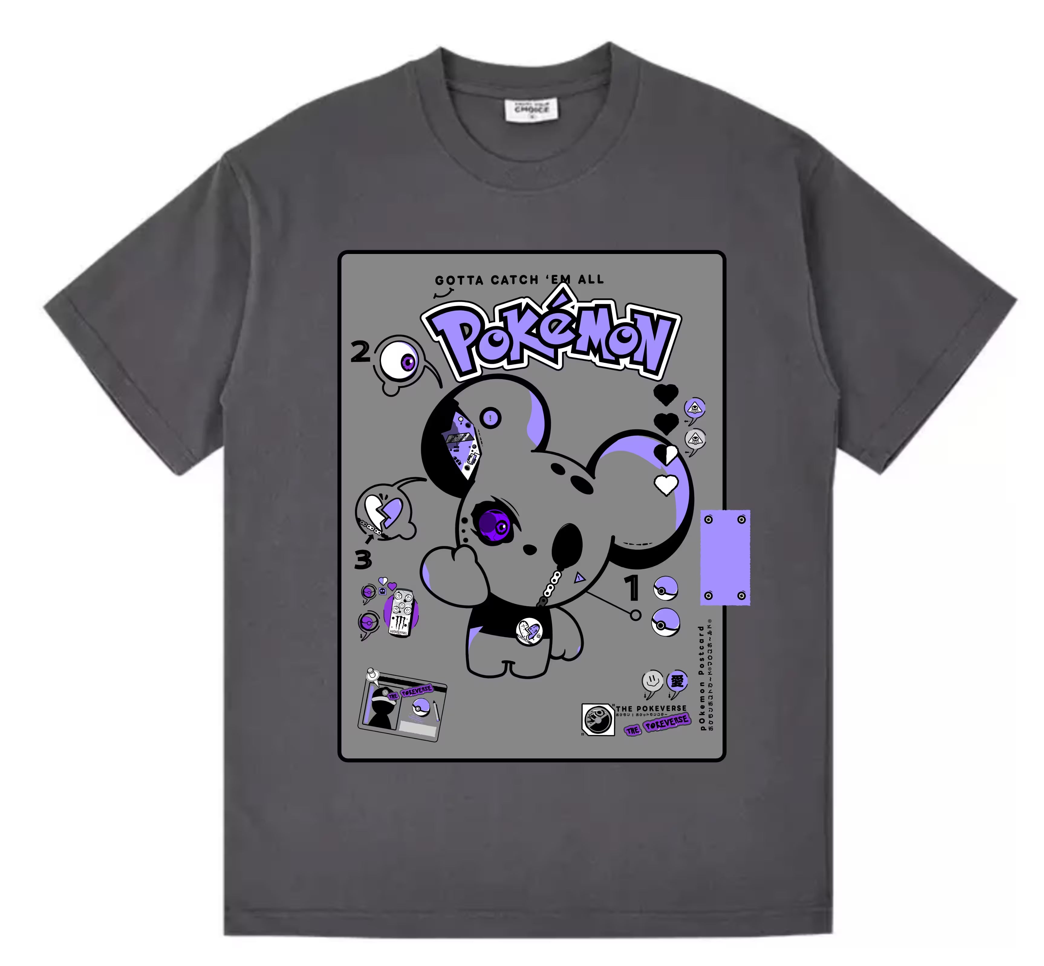 Dark grey Pokémon streetwear t-shirt with a custom purple Maushold graphic print.