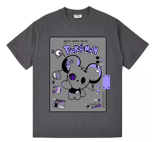 Dark grey Pokémon streetwear t-shirt with a custom purple Maushold graphic print.