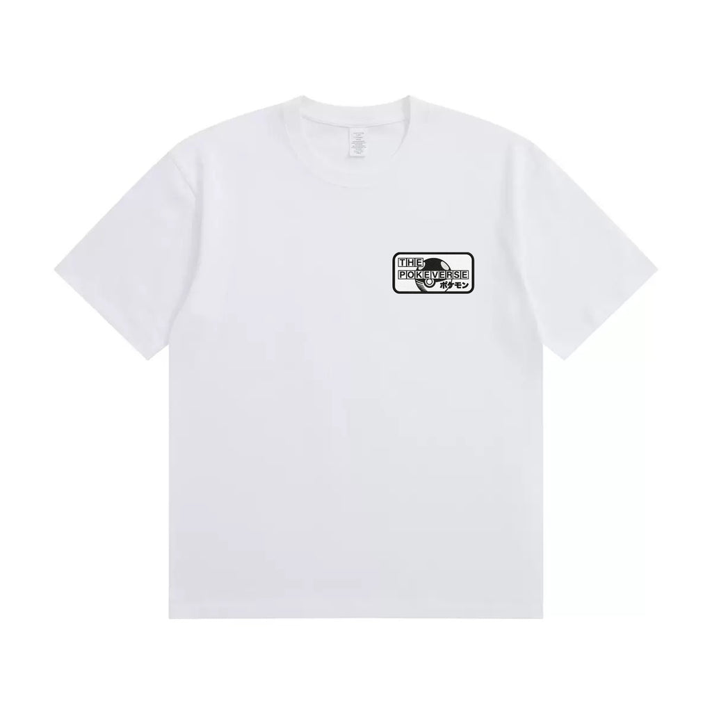 White t-shirt with a black logo on a white background