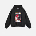 Black hoodie with a graphic design on a white background