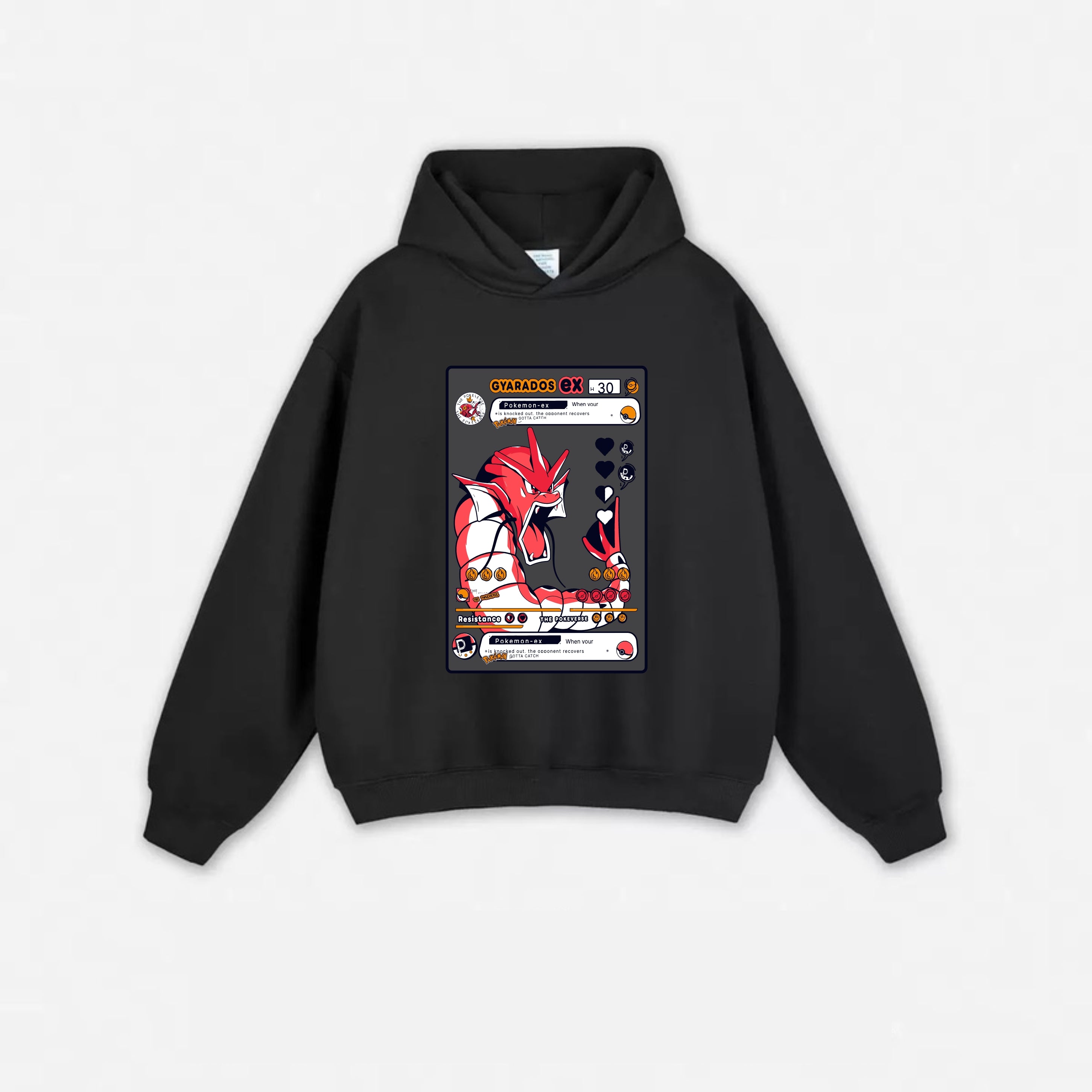 Black hoodie with a graphic design on a white background