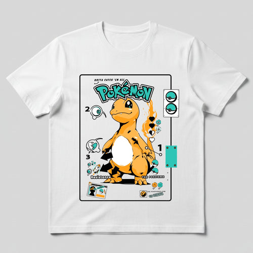 White t-shirt with a Pokémon graphic design featuring Charmander on a gray background
