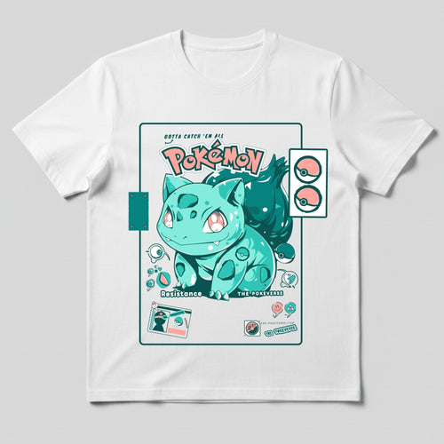 White t-shirt with a cartoon character design on a gray background